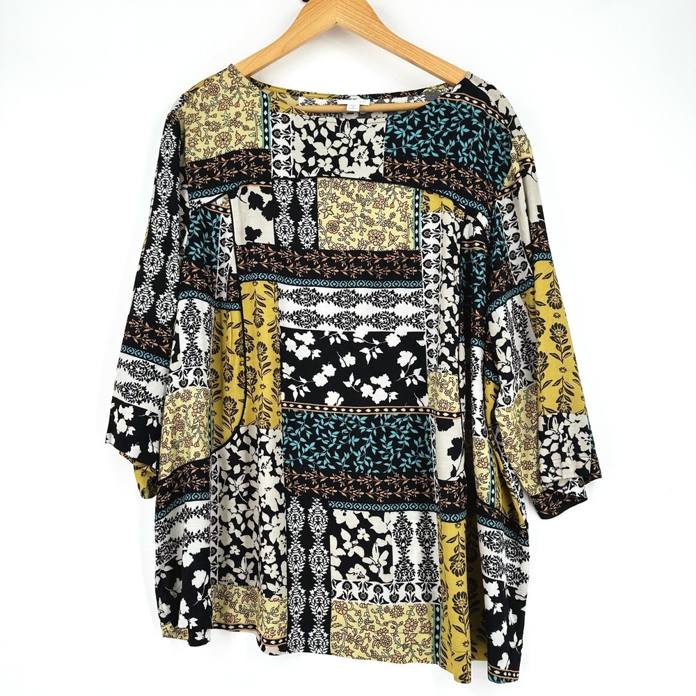 J Jill Womens Patchwork Print Top Rayon 3X Colorful 3/4 Sleeve Boho Hippie Artsy